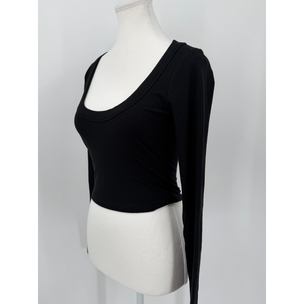 Reformation Black Ribbed Long Sleeve Scoop Neck Cropped Top Size S Small USA